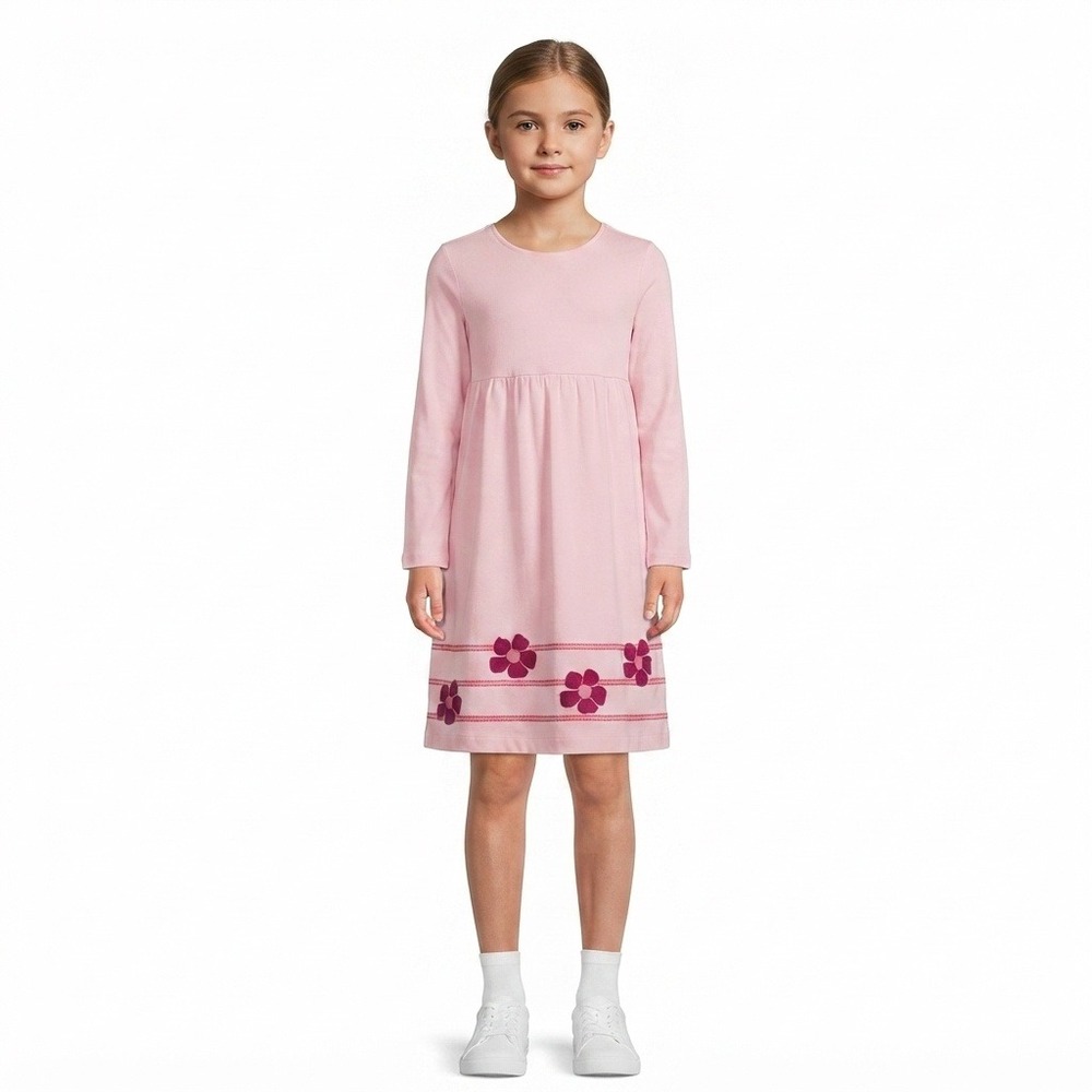 Lands End Dress Girls 12 Pink Long Sleeve Floral Applique Knit Play Cotton